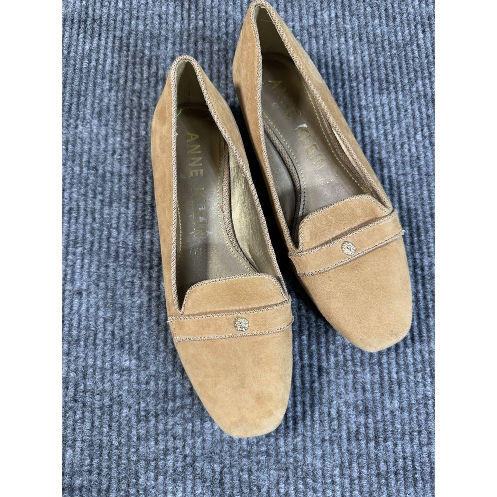 Anne Klein Tan Leather Square Toe Slip-On Cushioned Logo Loafer Flats 7.5 B‎